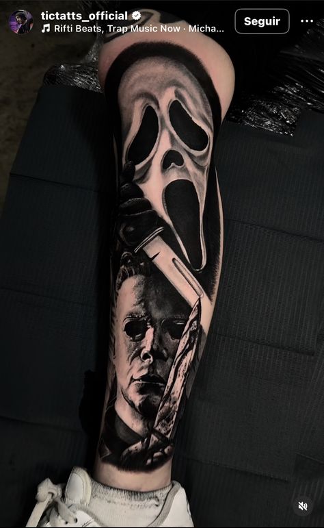 Horror Sleeve Tattoo Ideas, Traditional Horror Movie Tattoos, Foe Tattoos Men, Ghostface Tattoo Ideas, Ghostface Tattoo Design, Scream Tattoos, Ghostface Tattoo, Scream Tattoo, Clock Tattoo Sleeve