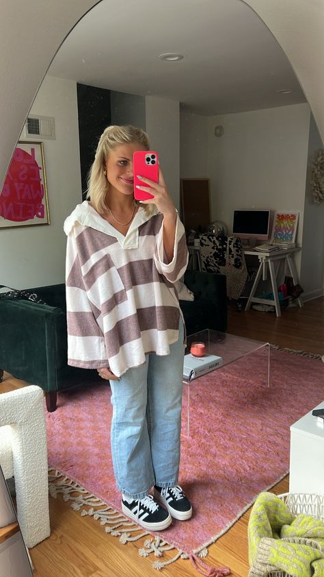 Golden Hour Striped Pullover *RESTOCKED* – Coco McCall Shop Tj Maxx Finds Clothes, Beachy Fall Outfits, Comfy Granola Outfits, Style For Women In Their 30s, Easy Fall Outfits Casual, Coffee Shop Aesthetic Outfits, Beachy Winter Outfits, Fits For School Comfy, Cute Church Fits