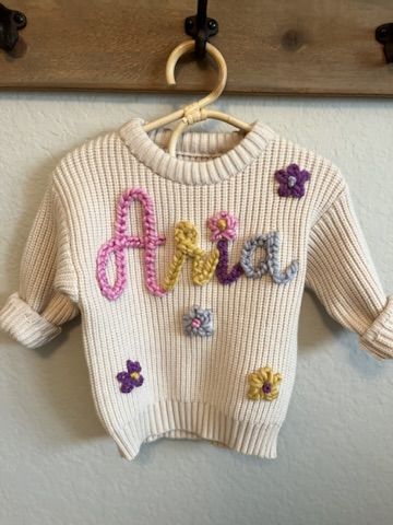 Embroidered Name Sweater, Family Photos Baby, Hand Embroidered Name, Embroidery Yarn, Name Sweater, Custom Baby Gift, Newborn Family Photos, Custom Baby Gifts, Kids Jumpers