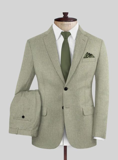 Italian Orfini Summer Green Wool Suit – StudioSuits Grooms Men Suits Sage Green, Light Green Groomsmen Attire, Light Green Suit, Green Wool Suit, Green Linen Suit, Summer Wedding Suit, Olive Suit, Green Tux, Green Suits