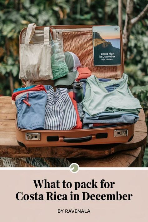 A photo of a suitcase filled with items for a trip to Costa Rica in December. The clothing is for tropical weather, including swimwear, shorts, tank tops, a cap, etc. There's also a reusable shopping and a guidebook. The suitcase is placed on a wooden board. The background is a lush green forest. Text overlay says: "What to pack for Costa Rica in December." Packing For Costa Rica, Costa Rica Outfit Ideas, Costa Rica Travel Packing, Costa Rica Outfits, Costa Rica Clothes, Pack For Costa Rica, Costa Rica Outfit, Costa Rica Packing List, Costa Rica Hiking