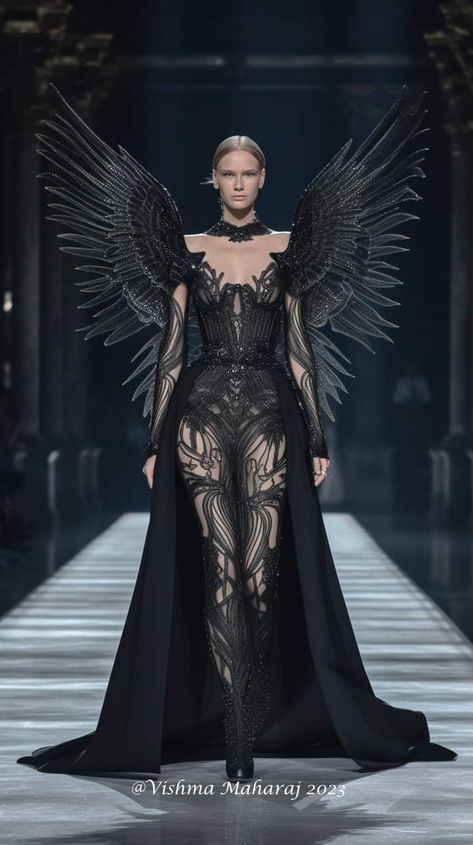 Raven Dress Fantasy Gowns, Demon Dress Outfit, Vishma Maharaj 2023, Winged Outfits, Fantasy Fashion Inspiration, Vishma Maharaj, Armored Dress, Armour Dress, Villain Fashion