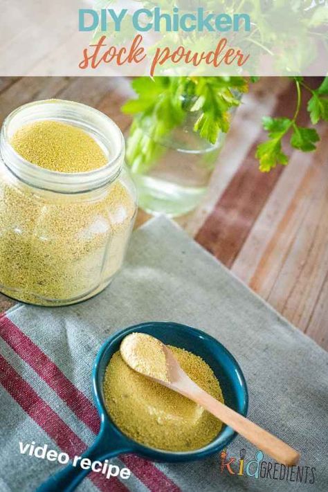 This DIY chicken stock powder is perfect for anything that needs stock powder!  It's shelf stable and filled with yummy veggies and chicken. #kidgredients #homemamde #stockpowder #chickenstock #chickenbroth #dehydrator #dehydrating #driedfood #prepping #preserving #food #delicious Veggies And Chicken, Homemade Stock, Chicken Broth Recipes, Dehydrated Chicken, Chicken Stock Recipe, Chicken Bullion, Yummy Veggies, Homemade Chicken Stock, Chicken Base