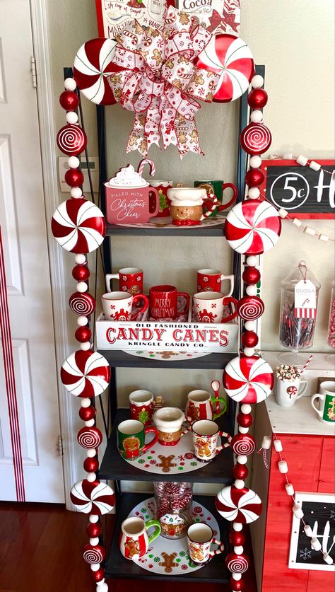 Candy Cane Lane Theme, Hot Cocoa Bar Decor, Christmas Hot Cocoa Bar, Christmas Hot Chocolate Bar, Christmas Hot Cocoa, Gingerbread Christmas Tree, Candy Cane Lane, Gingerbread Christmas Decor, Peppermint Christmas