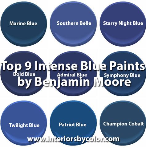 Top-9-Intense-Blue-Paints-by-Benjamin-Moore http://www.interiorsbycolor.com/top-9-intense-blue-paints-benjamin-moore/ Benjamin Moore Blue, Blue Front Door, Marine Colors, Paint Color Schemes, Neutral Paint Colors, Blue Paint Colors, Benjamin Moore Paint, Front Door Colors, Bedroom Paint Colors