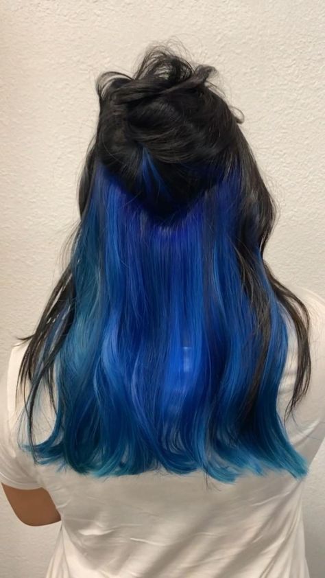 Blue Underdye Hair, Blue Hair Underneath, Under Hair Dye, Underdye Hair, Under Hair Color, Blue Brown Hair, Hair Dyed Underneath, Midnight Blue Hair, Royal Blue Hair