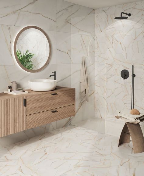 D -> SM Beige Marble Bathroom, Porcelain Hexagon Tile, Easy Tile, Bathroom Showrooms, Polished Porcelain Tiles, Modern And Traditional Decor, Beige Marble, Hexagon Tiles, Kitchen Floor Tile