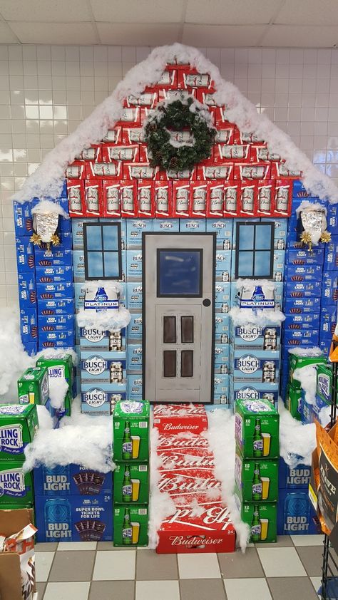 Our Christmas beer display 2017 made with Budweiser products Liquor Store Christmas Decorations, Beer Display Ideas Retail, Alcohol Display, Christmas Store Displays, Wine Bottle Trees, Beer Display, Beer Bottle Crafts, Store Decoration, 40 Birthday