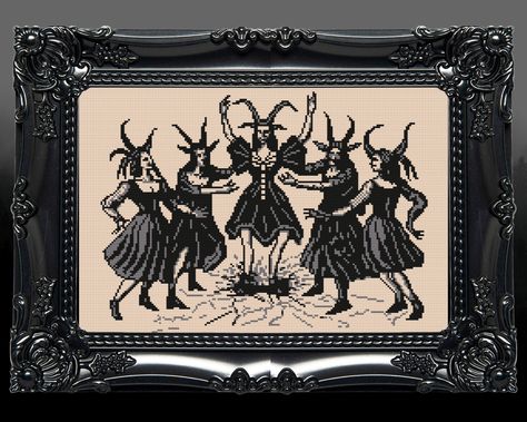 Dancing Witches, Pagan Cross Stitch, Creepy Witch, Witch Cross Stitch Pattern, Witch Cross Stitch, Blackwork Designs, Blackwork Patterns, Spooky Designs, Cross Stitch Rose