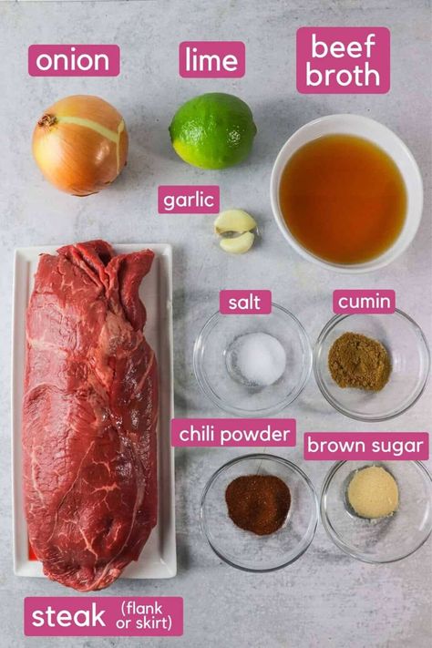 Instant Pot Carne Asada Ingredients. Shredded Beef Roast, Carne Asada Marinade Easy, Instant Pot Carne Asada, Machaca Beef, Mexican Shredded Beef, Carne Asada Recipes, Skirt Steak Recipes, Tacos Burritos, Beef Roast