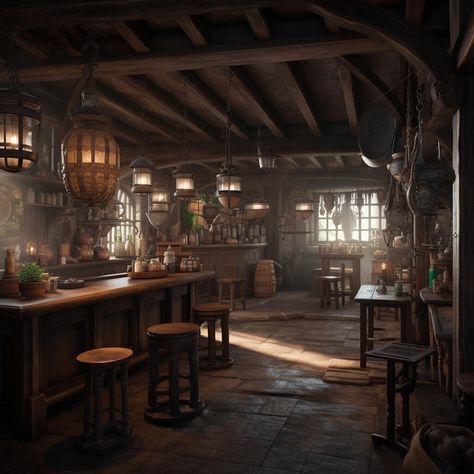 Tavern Concept Art Interior, Tavern Curtains, Tavern Fantasy Art Interior, Old Tavern Interior, Tavern Aesthetic Medieval Bar, D&d Tavern Art, Dark Tavern Aesthetic, Medieval Pub Aesthetic, Irish Tavern Aesthetic