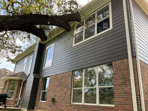 Siding And Brick Exterior Color Schemes, Half Brick Half Siding Exterior, Brick Exterior Colors Schemes, Dark Siding, Brown Brick Houses, Kingston House, Red Brick House Exterior, Urbane Bronze, Red Brick Exteriors