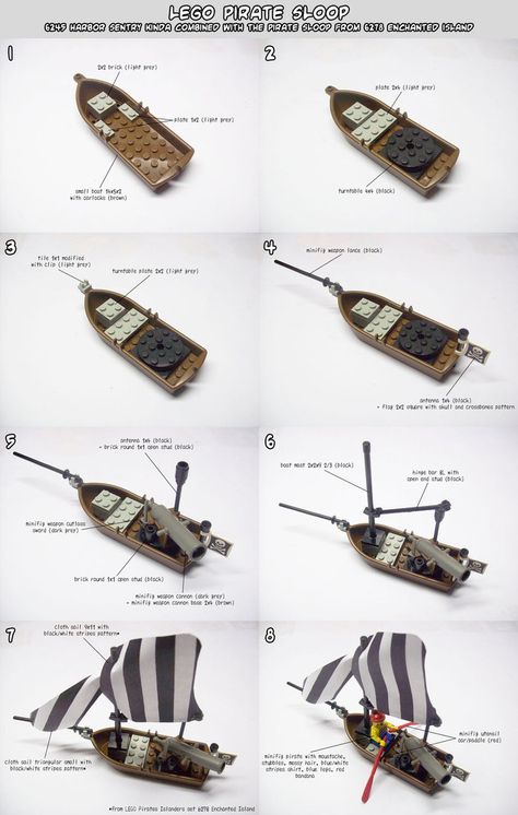 I used the sails from LEGO set 6278 "Enchanted Island" (look for scans of them online and/or print them out to make your own with a piece of paper and a black marker) to create a heavily armed Pira... Lego Ship Instructions, Lego Trees, Lego Boats, Lego Blueprint, Lego Pirate Ship, Lego Plans, Pirate Lego, Lego Steampunk, Lego Boat