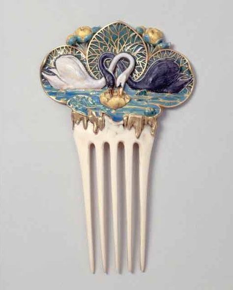 Paul Vever (1851 – 1915) and Henri Vever (1854 – 1942) for Maison Vever, after design by Eugène Samuel Grasset (1841–1917) Swan and Lily Pin, ca. 1900 .Ivory, gold, and enamel, Petit Palais, Musée des Beaux-Arts de la Ville de Paris ; Inv.: OGAL 00494 Don Henri Vever, 1925. Art Nouveau Fashion, Antique Hair Combs, Vintage Comb, Bijoux Art Nouveau, Vintage Hair Combs, Vintage Hair Accessories, Hair Adornments, Art Nouveau Jewelry, Hair Ornaments