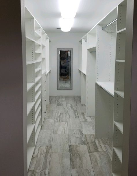 Walk In Closet Organization Diy, Long Narrow Closet, Narrow Walk In Closet, Walk In Closet Organization, Walk In Closet Inspiration, Transitional Closet, Mirrored Cabinet Doors, Narrow Closet, Closet Factory