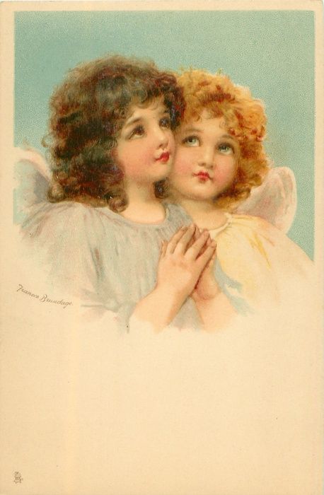 Two angels, one praying.  Artist, Frances Brundage ~ 1904. Images Victoriennes, Two Angels, Victorian Angels, Praying Angel, Postal Vintage, Angel Images, Ange Demon, Angels Among Us, Music Images