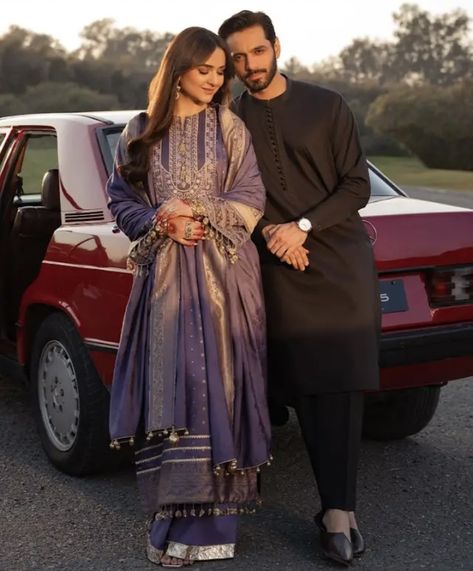 Eid Pics, Wahaj Ali, Eid Outfit, Eid Outfits, Indian Designer Suits, Bridal Jewelry Vintage, Dusty Purple, Couple Photography Poses, Couple Outfits