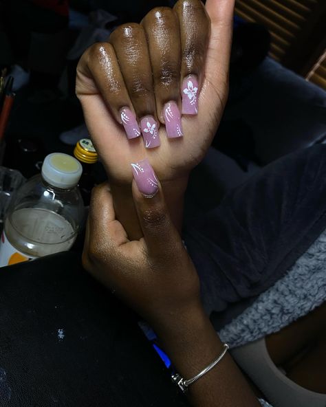 Pink nails with hibiscus flower 🌸 #nailsnailsnails #nails #explorepage✨ #brocktonnailtech Hibiscus Nail Design, Nails With Hibiscus Flower, Nails With Hibiscus, Solid Colour Nails, Nails Square, Hibiscus Flower, Hibiscus Flowers, Flower Nails, Solid Colour