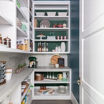 Peacock Blue Grasscloth White White Headboard - Transitional - Bedroom Blue Pantry, Green Pantry, Beadboard Trim, Pantry White, Blue China Cabinet, White Kitchen Pantry, Beautiful Pantry, White Pantry, Pantry Shelves