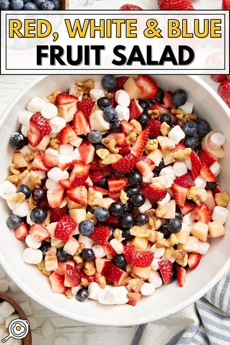 overhead photo of red, white and blue fruit salad in a white serving bowl with recipe title block at the top. Fourth Of July Fruit Salad, Red White And Blue Fruit Salad, Red White And Blue Fruit, Simple Family Meals, Meal Prep Snacks, Blue Fruit, Bbq Sides, Side Dishes For Bbq, Favorite Recipes Dinner