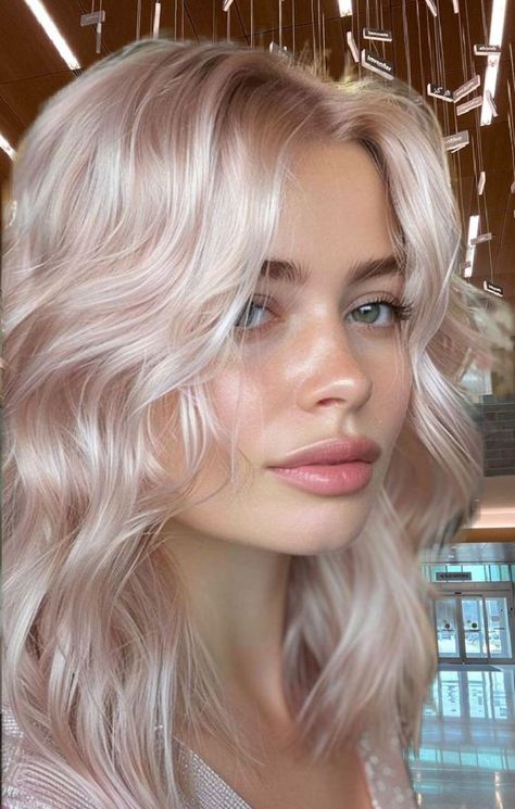 Platinum Pink Blonde Hair, Blonde With Pink Tone, Peach Platinum Hair, Pink Platinum Blonde Hair, Platinum Blonde With Pink Underneath, Platinum Blonde Hair Color Ideas For Summer, Pearl Pink Hair, Pink Platinum Hair, Pale Pink Hair Blonde