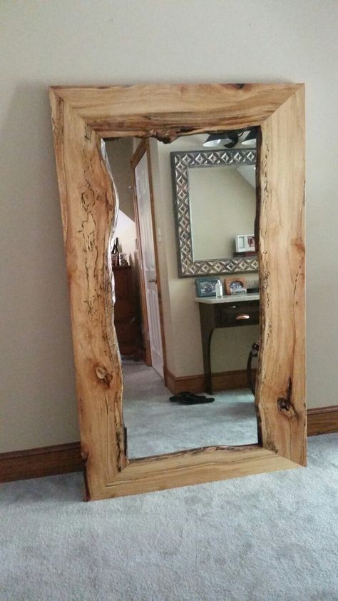 Larest project. Live edge spalted sycamore full height leaning mirror frame. Mirror Frame Ideas, Rustic Mirror Frame, Diy Mirror Frame, Tre Kunst, Mirror Frame Diy, Bathroom Mirror Frame, Leaning Mirror, Live Edge Furniture, Rustic Mirrors