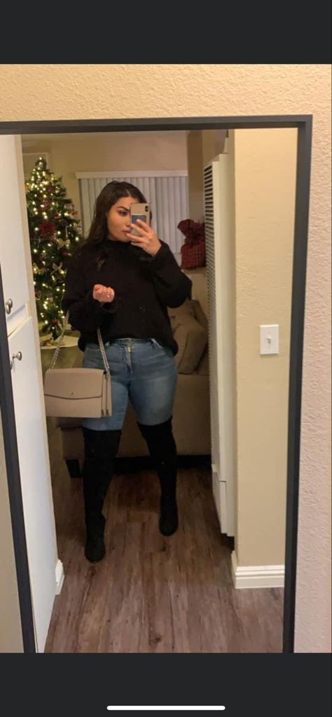 Winter Bar Outfit Plus Size, Dress With Knee High Boots Plus Size, Long Black Boots Outfit Plus Size, Long Boots Outfit Plus Size, Plus Size Over The Knee Boots, Over The Knee Boot Outfit Plus Size, Black Knee High Boots Outfit Plus Size, Thigh High Boots Outfit Fall, Plus Size Thigh High Boots Outfit