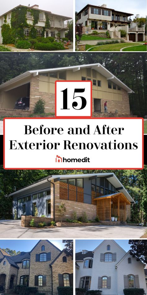 Draw inspiration from these 15 examples of before and after exterior home renovations. House Refacing Exterior, House Before And After Exterior Modern, 1980 Home Remodel Before After Exterior, Rendered House Exterior Before And After, Change Roof Line Before And After, Old Limestone House Exterior Update, House Exterior Remodel Before And After, Before And After Front Of House, Home Facade Makeover