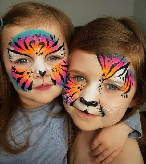 Hippie Face Paint, Tiger Face Paint, Lion Face Paint, Tiger Makeup, Kitty Face Paint, Rainbow Tiger, Girl Face Painting, Tiger Kids, Face Painting Tutorials