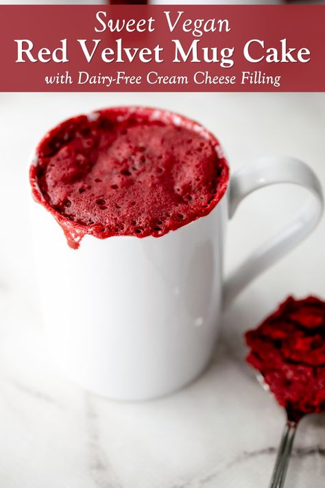 Red Velvet Mug Cake Recipe, Red Velvet Mug Cake, Funfetti Mug Cake, Vegan Red Velvet Cake, Vegan Red Velvet, Personal Desserts, Vegan Mug Cakes, Allergy Friendly Desserts, Mug Cake Recipe