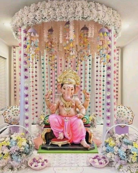 Ganpati Bappa Decoration Ideas, Bappa Decoration Ideas, Best Ganpati Decoration At Home, Ganpati Decoration Theme Ideas, Flower Decoration For Ganpati, Ganpati Decoration Theme, Welcome Home Decorations, Ganesh Chaturthi Decoration, Decoration For Party