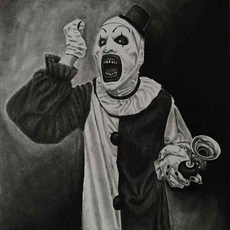 Terrifier Black And White, Spooky Clown Drawing, Horror Film Drawings, The Terrifier Tattoo, Coulrophobia Art, Scary Movie Characters Drawings, Art The Clown Drawing Terrifier, Terrifier Movie Poster, The Terrifier Clown