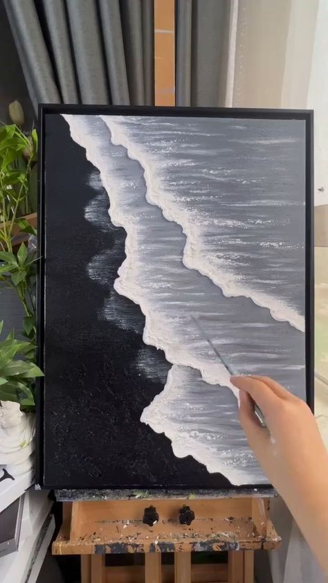 Black And White Sea Painting, White Textured Canvas Art, 3d Black And White, Texture Acrylic Painting, Spatula Painting, Canvas Art Diy, Sea Texture, Texture Paintings, Texture Wall Art