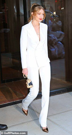 Gigi Hadid in a Stella McCartney blazer and trousers Gigi Hadid 2014, The Little Black Dress, White Suit, Va Va Voom, Gigi Hadid, Stella Mccartney, White Jeans, Must Haves, Little Black Dress