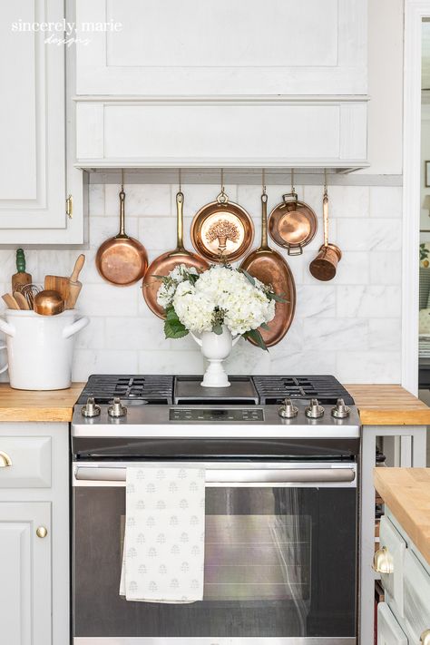 Rustic Cottage Kitchens, Cookware Display, Summer Living Room, Georg Listing, Copper Cookware, Big Kitchen, Rustic Cottage, Pot Rack, Vintage Cabinets