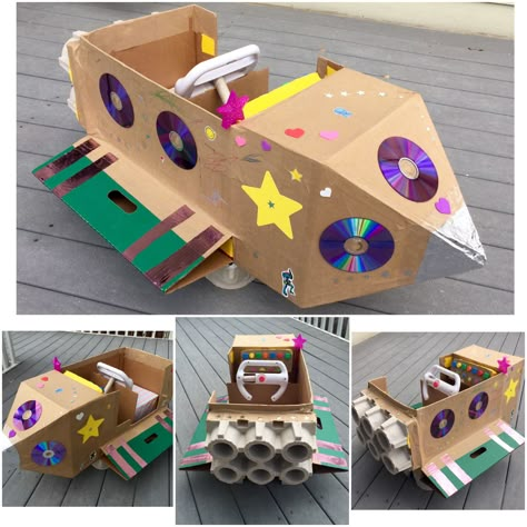 Cardboard Box Spaceship Diy Crafts With Cardboard, Crafts With Cardboard, Cardboard Spaceship, Cardboard Rocket, Cardboard Crafts Kids, Easy Homemade Christmas Gifts, Diy Rocket, Cardboard Box Crafts, Diy Crafts For Adults