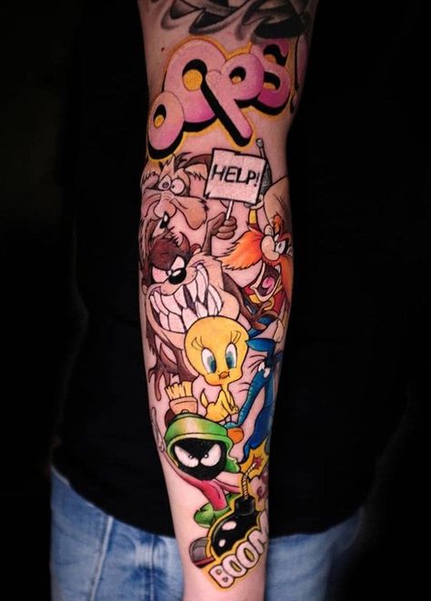 Tattoos Sleeves For Guys, Looney Tunes Sleeve Tattoo, Cartoon Network Tattoo Ideas Sleeve, Cartoon Sleeve Tattoos For Women, Looney Tune Tattoos, Colorful Cartoon Tattoos, Color Tattoos Men, Looney Tunes Tattoos, Color Tattoo For Men Arm