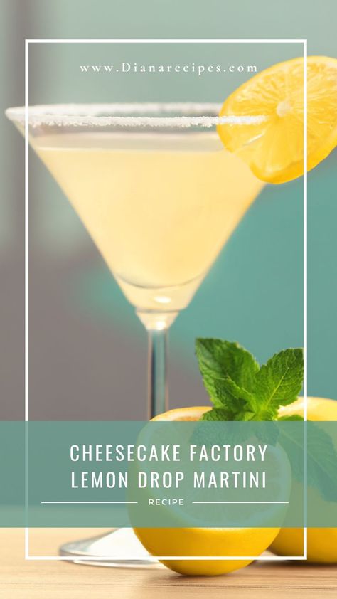 The pin showcases an enticing image of the Cheesecake Factory Lemon Drop Martini, displaying a classic martini glass garnished with a sugared rim and a vibrant lemon twist. Lemon Drop Martini Recipe, Simple Cocktail, The Cheesecake Factory, Lemon Drop Martini, Lemon Syrup, Martini Recipe, Cocktail Book, Drinks Alcohol, Martini Recipes