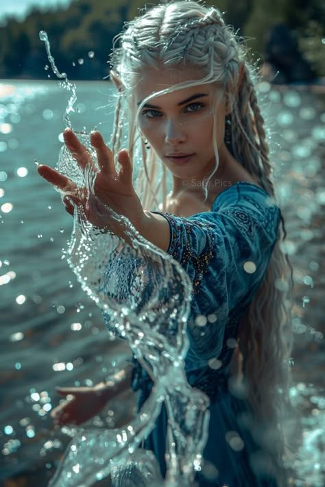 Fantasy Photo Reference, Lighting Powers Aesthetic, Fantasy Reference Photos, Powerful Queen Aesthetic, Nature Powers, Water Mage, Fantasy Poses, Underwater People, Water Queen