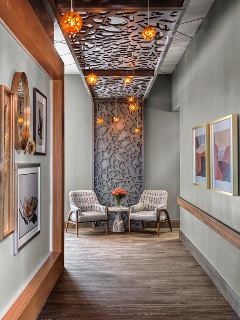 Healthcare Artwork, Senior Living Apartments, Senior Living Interior Design, Senior Living Design, Senior Apartments, Living Interior, Ceiling Light Design, Independent Living, Private Dining Room