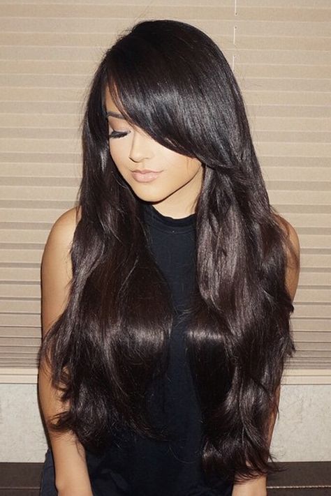 Becky G Straight Dark Brown Long Layers, Overgrown Bangs, Sideswept Bangs Hairstyle | Steal Her Style Bangs Sideswept, Cut Bangs, Hair Color Light Brown, Long Layered Haircuts, Long Dark Hair, Side Bangs, Long Hair With Bangs, Brown Blonde Hair, Brown Hair With Highlights