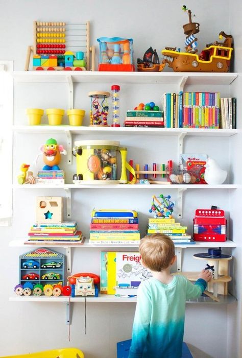 Sam & Lars' Happy Hand-Me-Down Room Kids Room Shelves, Playroom Shelves, Girls Playroom, Toy Shelves, Room Shelves, Toy Rooms, Kids Room Design, Boy's Bedroom, Book Shelf