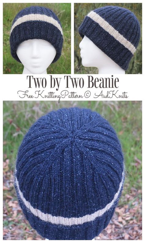 Two by Two Beanie Hat Free Knitting Pattern - Knitting Pattern Mens Hat Knitting Pattern, Hat Free Knitting Pattern, Mens Knit Beanie, Kids Hats Patterns, Knitting Gloves, Beanie Pattern Free, Easy Knit Hat, Beanie Knitting Patterns Free, Knit Beanie Pattern