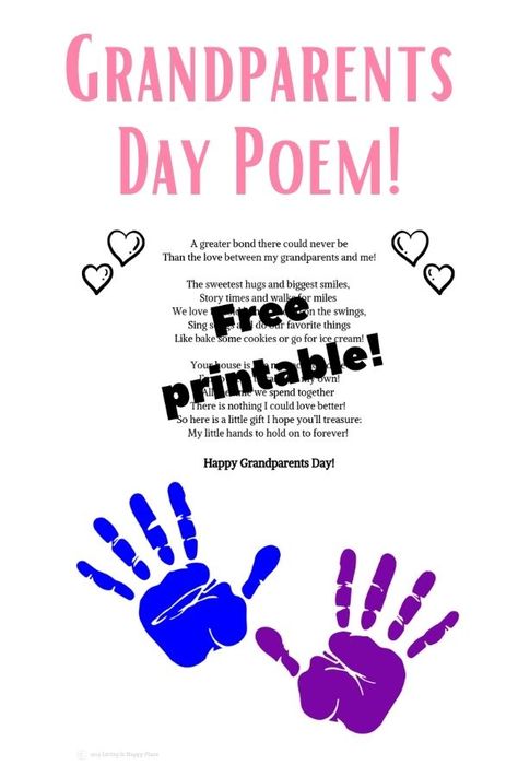 Adorable poem for Grandparents Day! Free printable poem for Grandparents Day that kids can add their handprints to. DIY homemade keepsake for grandma or grandpa. If you are looking for a gift idea for Grandparents Day, give them a gift they can really treasure! Grandparent Gifts Preschool, Grandparents Day Poems For Preschoolers, Grandparents Day Poem Free Printable, Grandparent Handprint Craft, Grandparents Week Preschool, Preschool Grandparents Day Ideas, Grandparents Day For Preschoolers, Grandparents Day Crafts Free Printable, Grandparents Day Ideas For Preschool