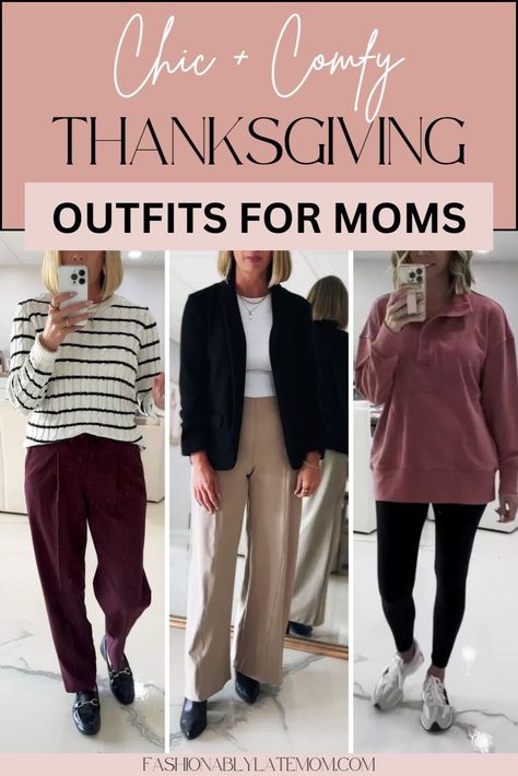 Looking for stylish and comfortable Thanksgiving outfit ideas? This guide features cozy and chic options for moms, from casual to more polished looks. Embrace women's autumn outfit trends with layers and soft textures that combine both comfort and women's fashion for the holiday. Chic Thanksgiving Outfit, Outfit Ideas For Moms, Thanksgiving Mom, Outfits For Moms, Autumn Outfit Ideas, Thanksgiving Outfit Ideas, Dinner Wear, Casual Outfits For Moms, Fashionably Late