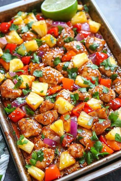 Hawaiian Chicken Sheet Pan is a delicious, all-in-one meal that brings the exotic tastes of Hawaii to your kitchen. Easy Sheet Pan Dinners Healthy, Sheet Pan Chicken Pineapple Peppers, Easy Dinner For The Week, Hawaiian Sheet Pan Dinner, Hawaiian Chicken With Rice, Gawain Chicken Sheet Pan, Healthy Dinner Recipes One Pan, Hawaiian Chicken Sheet Pan Recipes, Hawian Chicken Sheet Pan