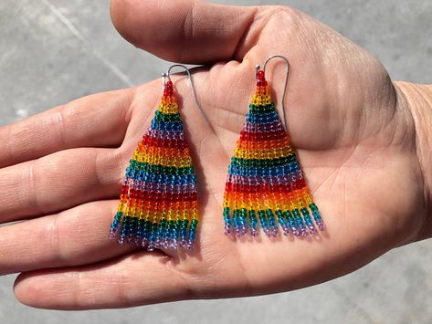 Pride Seed Bead Earrings, Mini Fringe, Earrings Triangle, Spoon Necklace, Pride Colors, Seed Beading, Mini Earrings, Green Aqua, Diy Crafts To Do