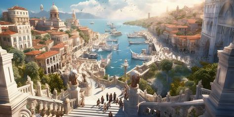 Ancient Egyptian Cities, Gardens Of Babylon, Rpg Map, Fantasy Castle, Fantasy City, Fantasy Places, Fantasy Setting, Futuristic City, Landscape Scenery