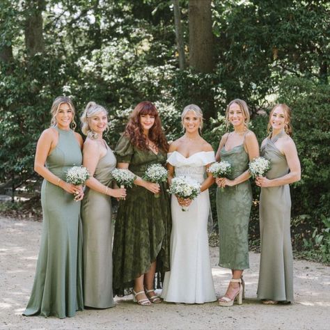 NJ-green-boho-bridesmaid-dresses-mix-and-match-waterwitch-club-photos Mixed Green Bridesmaid Dresses, Bridesmaid Dresses Mix And Match, Eucalyptus Green Wedding, Charcoal Grey Bridesmaid Dresses, Mismatched Green Bridesmaid Dresses, Mixed Bridesmaid Dresses, Matching Bridesmaids Dresses, Different Bridesmaid Dresses, Mix Match Bridesmaids