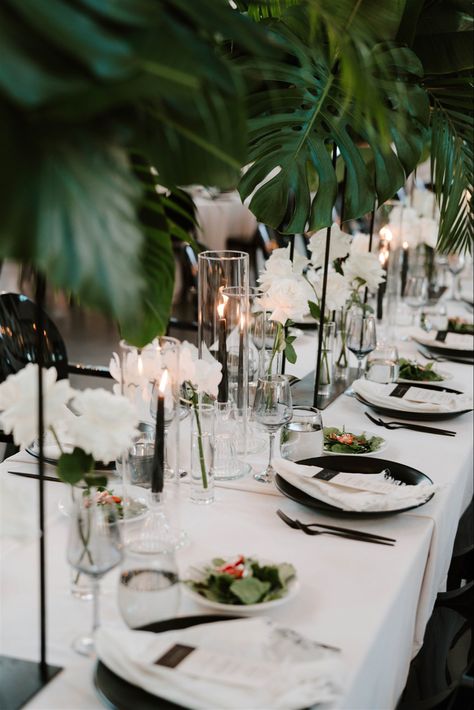 Moody Tropical Wedding Decor, Tropical Plant Wedding, Tropical Black Tie Wedding, Tropical Modern Wedding, Tropical Leaves Wedding, Leaf Decor Wedding, Modern Tropical Wedding, Tropical Glam Wedding, Jungle Wedding